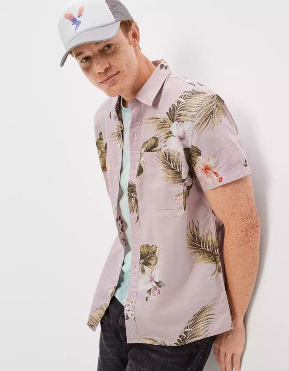 Hauts Flanelle American Eagle AE Tropical Button-Up Resort Shirt Violette Homme | TRI-65957562